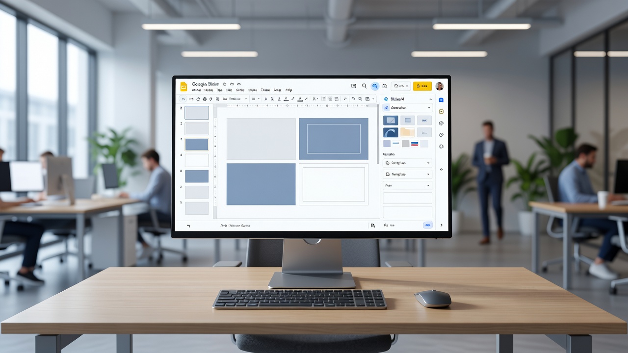 Google Slides workplace environment with SlidesAI plugin panel open
